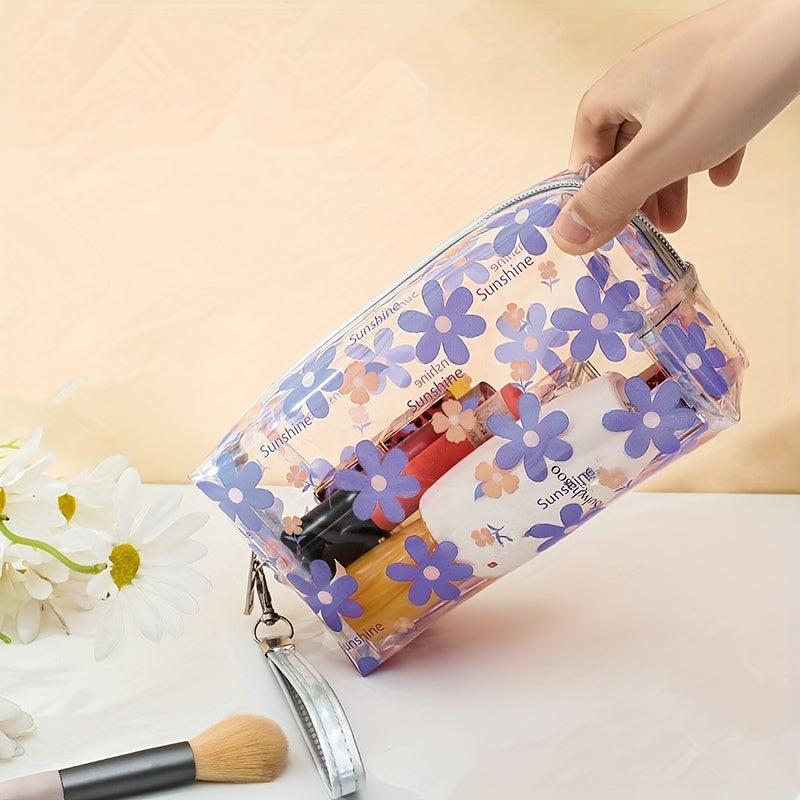 Floral Pattern PVC Makeup Bag Clear Cosmetic Bag With Wrist Strap