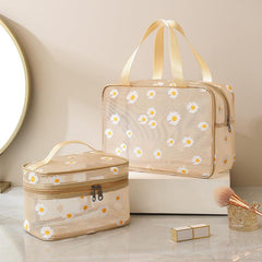 2-Pc Daisy Flower Makeup Bag Set, Transparent Toiletry Organizer Pouch