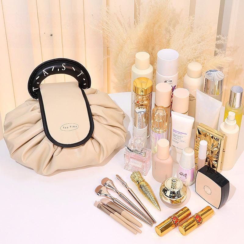 Large Capacity PU Cosmetic Bag with Drawstring Closure and Portable Handle