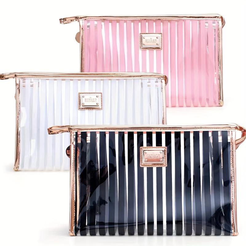 Waterproof PVC Striped Cosmetic Bag Travel Toiletry Pouch