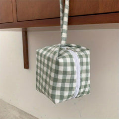 Portable Makeup Bag with Handle - Travel-Friendly Plaid Design