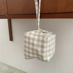Portable Makeup Bag with Handle - Travel-Friendly Plaid Design
