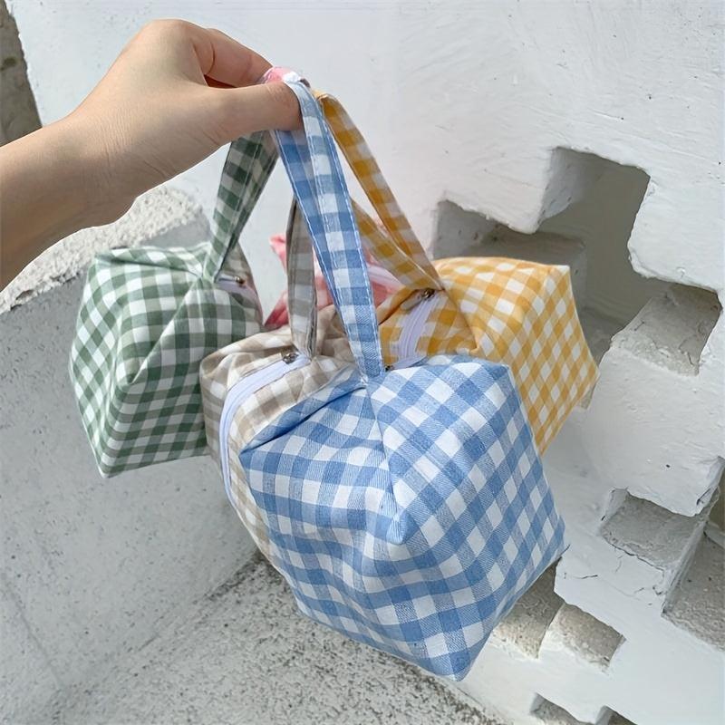 Portable Makeup Bag with Handle - Travel-Friendly Plaid Design
