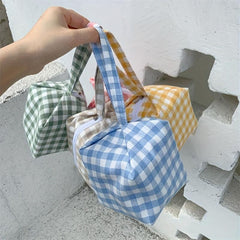 Portable Makeup Bag with Handle - Travel-Friendly Plaid Design