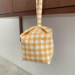 Portable Makeup Bag with Handle - Travel-Friendly Plaid Design