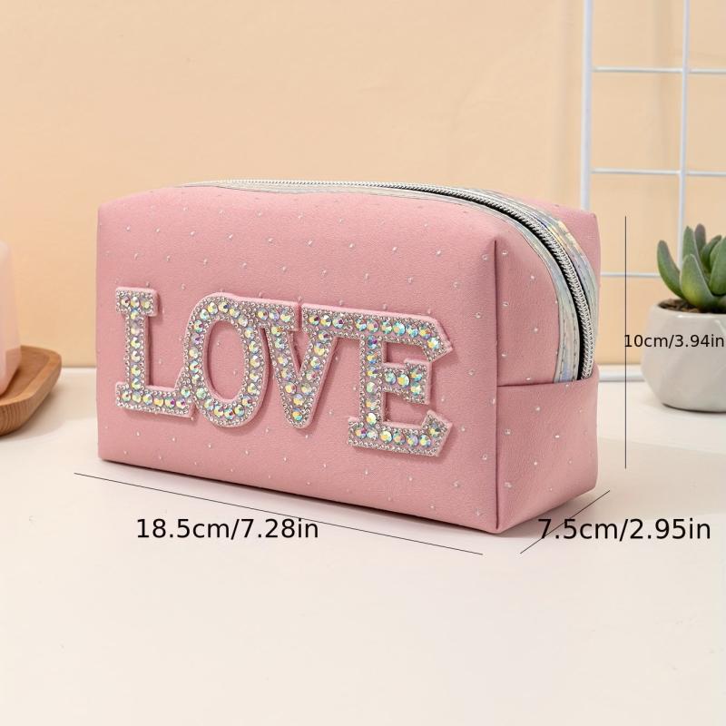 Letter Patched Rhinestone Makeup Bag LOVE Letters Travel Zipper Pouch
