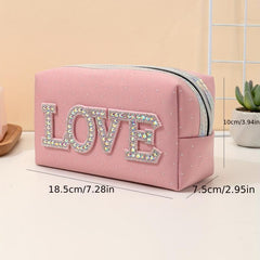 Letter Patched Rhinestone Makeup Bag LOVE Letters Travel Zipper Pouch