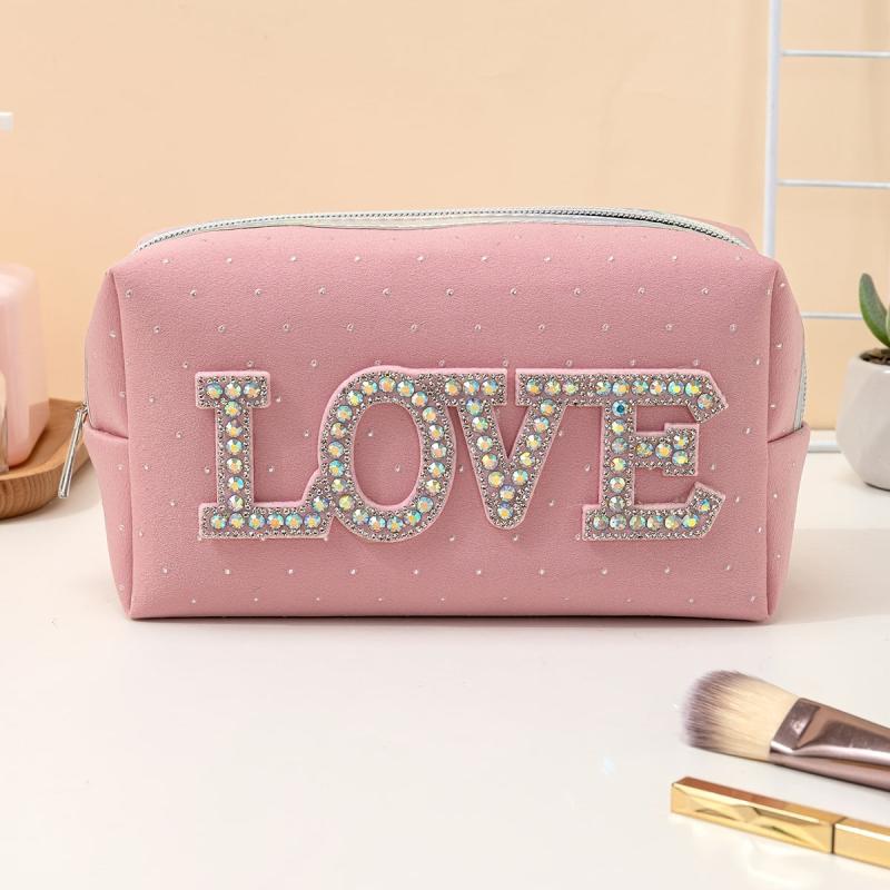 Letter Patched Rhinestone Makeup Bag LOVE Letters Travel Zipper Pouch