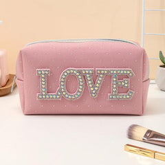 Letter Patched Rhinestone Makeup Bag LOVE Letters Travel Zipper Pouch