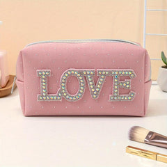 Letter Patched Rhinestone Makeup Bag LOVE Letters Travel Zipper Pouch