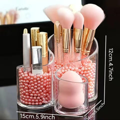 Acrylic Cosmetic Brush Holder with Faux Pearl Makeup Organizer