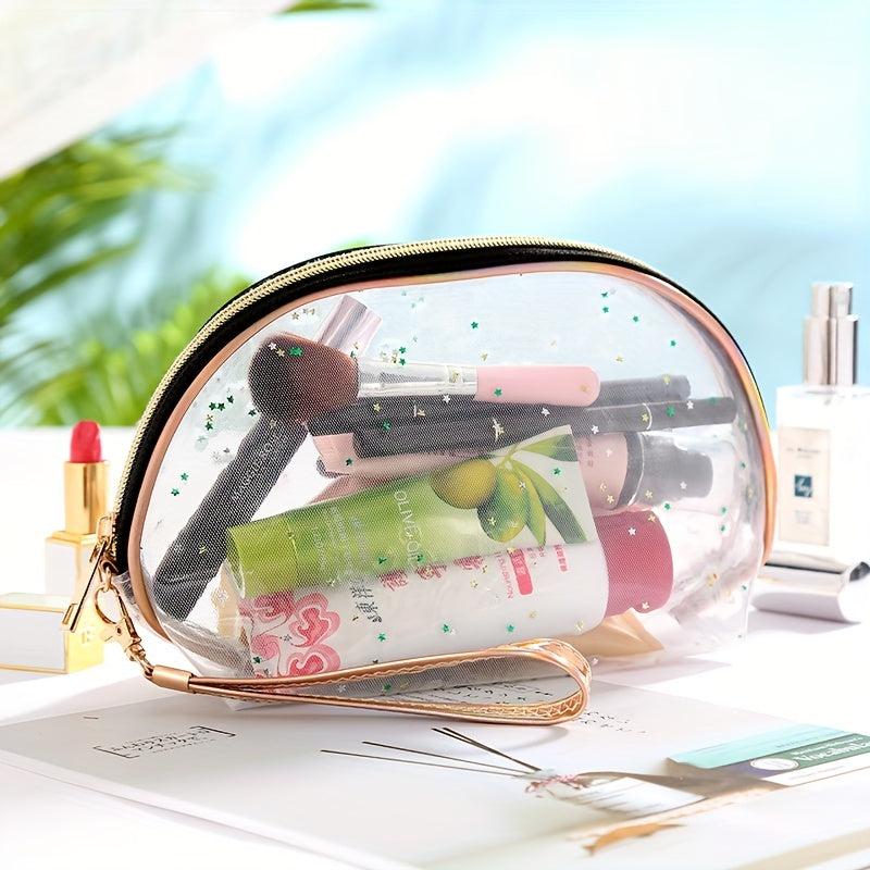 Semicircle Stars Sequin Makeup Bag With Wristlet Dumpling Toiletry Mesh Pouch