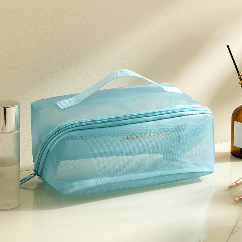 Large Capacity Mesh Makeup Bag With Handy Handle Clear Toiletry Bag