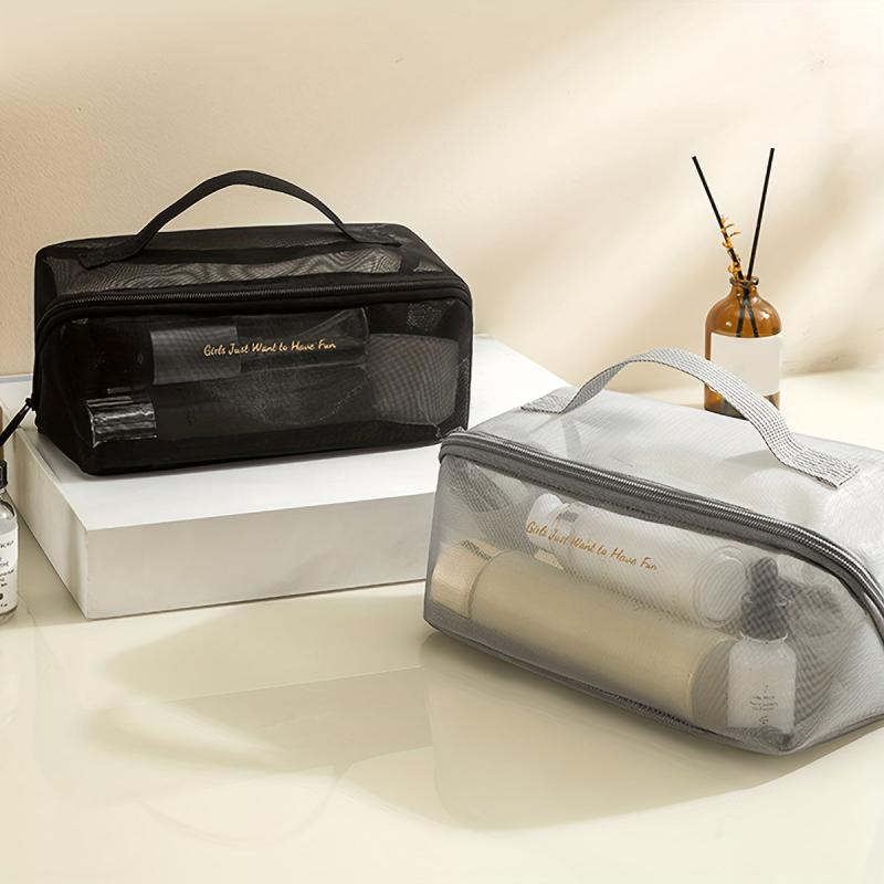 Large Capacity Mesh Makeup Bag With Handy Handle Clear Toiletry Bag