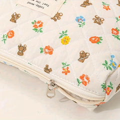 Bear & Floral Pattern Cosmetic Bag For Women Style Roomy Zipper Makeup Bag