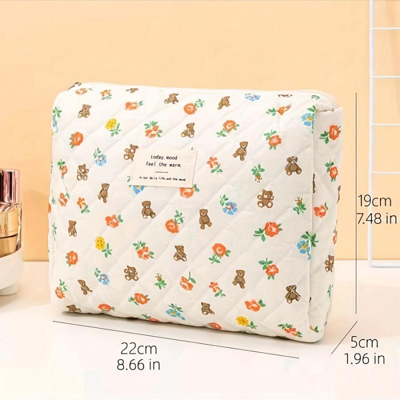 Bear & Floral Pattern Cosmetic Bag For Women Style Roomy Zipper Makeup Bag