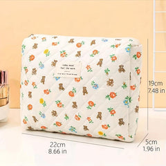 Bear & Floral Pattern Cosmetic Bag For Women Style Roomy Zipper Makeup Bag