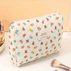 Bear & Floral Pattern Cosmetic Bag For Women Style Roomy Zipper Makeup Bag