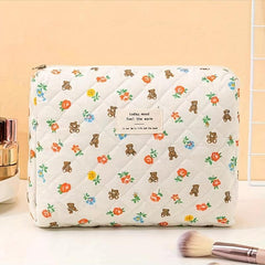 Bear & Floral Pattern Cosmetic Bag For Women Style Roomy Zipper Makeup Bag