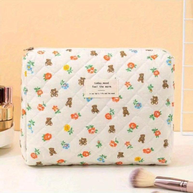 Bear & Floral Pattern Cosmetic Bag For Women Style Roomy Zipper Makeup Bag