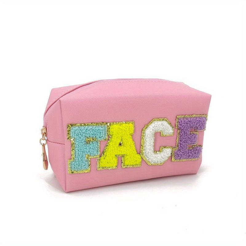 Chenille Letter Preppy Patch Makeup Bag Waterproof PU Leather Cosmetic Bag