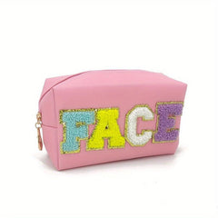 Chenille Letter Preppy Patch Makeup Bag Waterproof PU Leather Cosmetic Bag