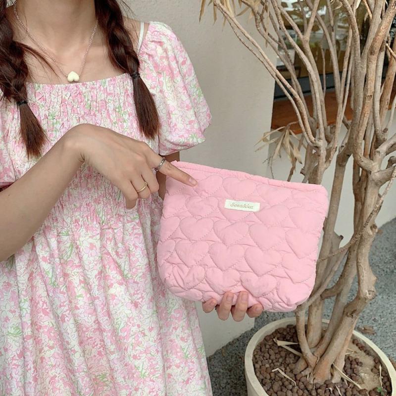 Quilted Cotton Makeup Bag Solid Travel Toiletry Zipper Handbag for Women