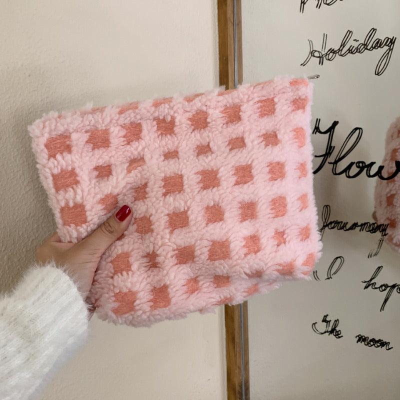 Waffle Plush Cosmetic Bag Large Capacity Travel Toiletry Storage Pouch