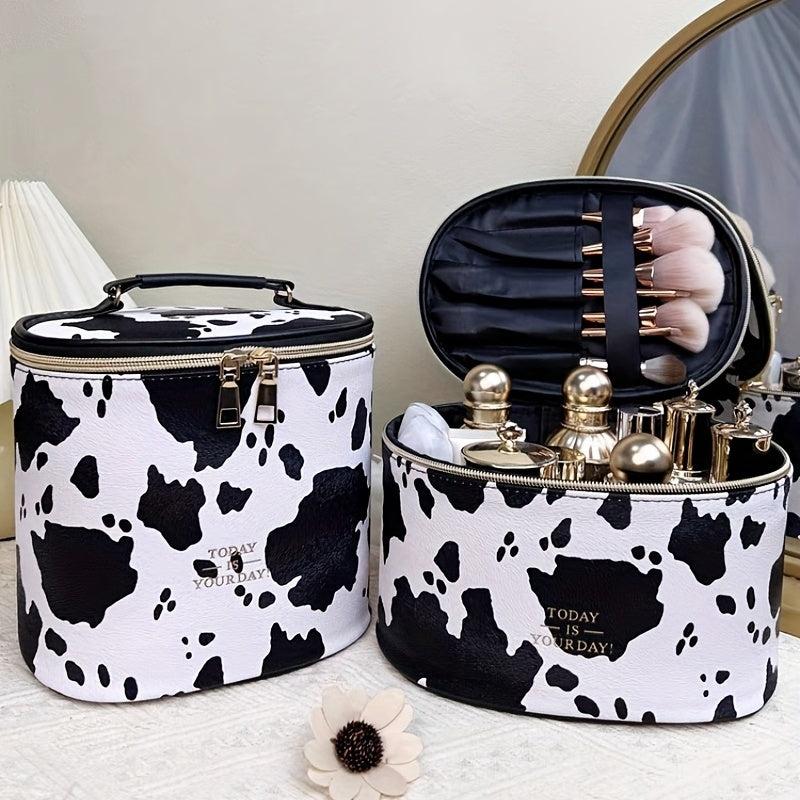 Cow Print Makeup Bag Travel Case Large Capacity Toiletry Bag With Handle