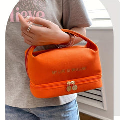 Double Layer Travel Cosmetic Bag with Brush Compartments