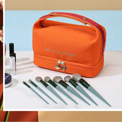 Double Layer Travel Cosmetic Bag with Brush Compartments
