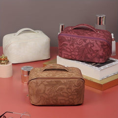Vintage Floral Cosmetic Bag with Handle Large Capacity Makeup Organizer