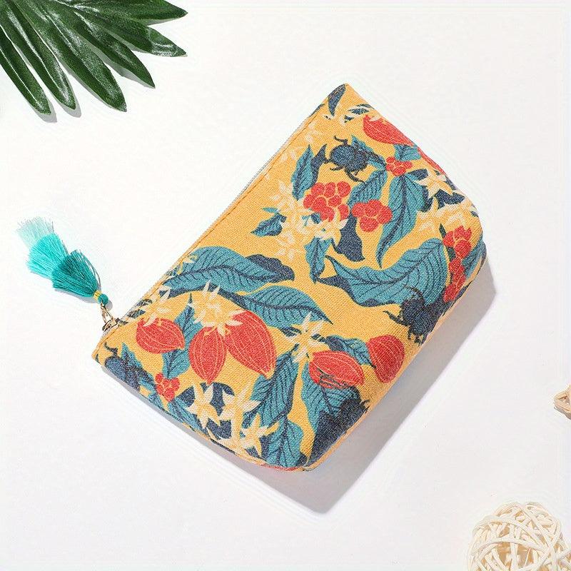 Vintage Canvas Makeup Bag Fringe Floral Zipper Coin Purse Travel Storage