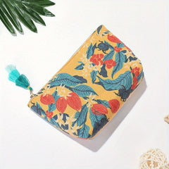 Vintage Canvas Makeup Bag Fringe Floral Zipper Coin Purse Travel Storage