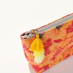 Vintage Canvas Makeup Bag Fringe Floral Zipper Coin Purse Travel Storage