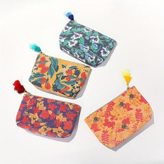 Vintage Canvas Makeup Bag Fringe Floral Zipper Coin Purse Travel Storage