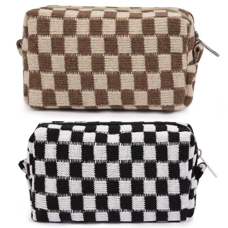 2 PCS Checkered Makeup Bag Zipper Cosmetic Pouch Travel Toiletry Organizer