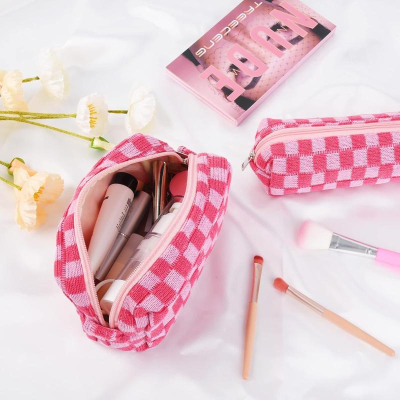 2 PCS Checkered Makeup Bag Zipper Cosmetic Pouch Travel Toiletry Organizer