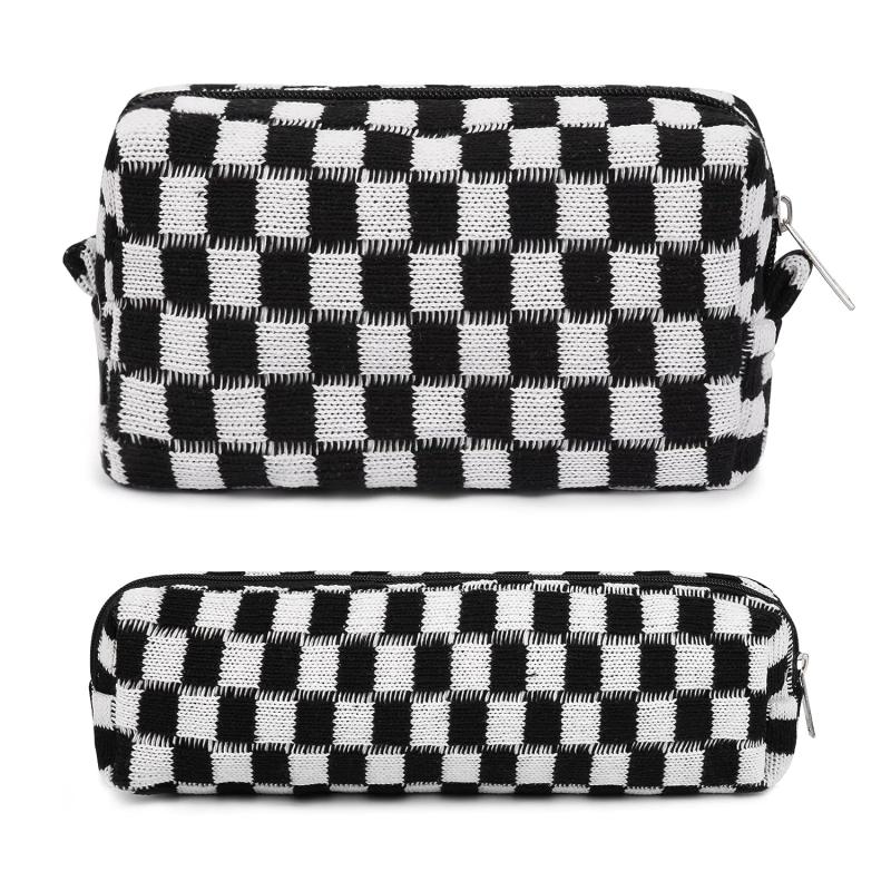 2 PCS Checkered Makeup Bag Zipper Cosmetic Pouch Travel Toiletry Organizer
