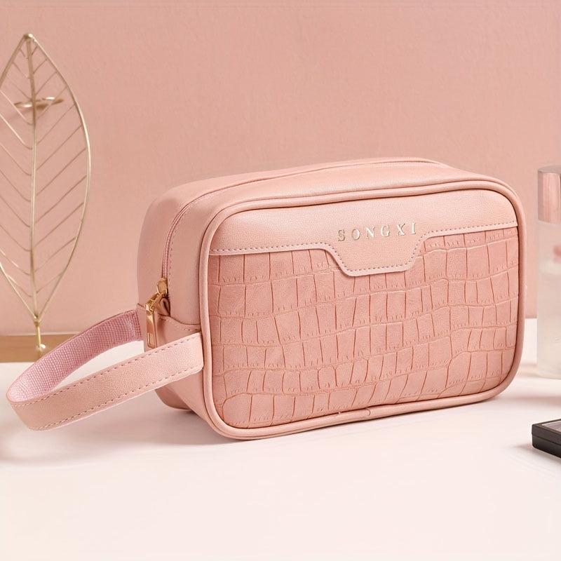 Crocodile Embossed Square Makeup Bag - Cosmetic Pouch for Women