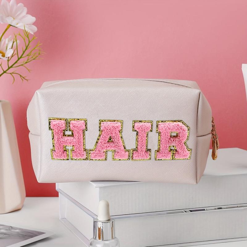 Preppy Makeup Bag Organizer with Embroidered Letter Patch