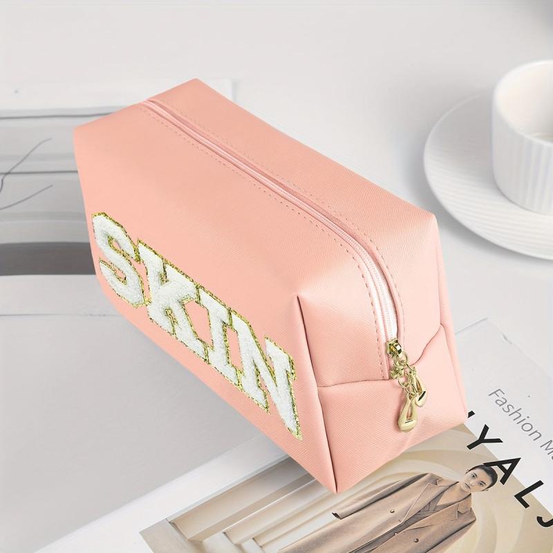 Preppy Makeup Bag Organizer with Embroidered Letter Patch
