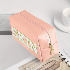 Preppy Makeup Bag Organizer with Embroidered Letter Patch