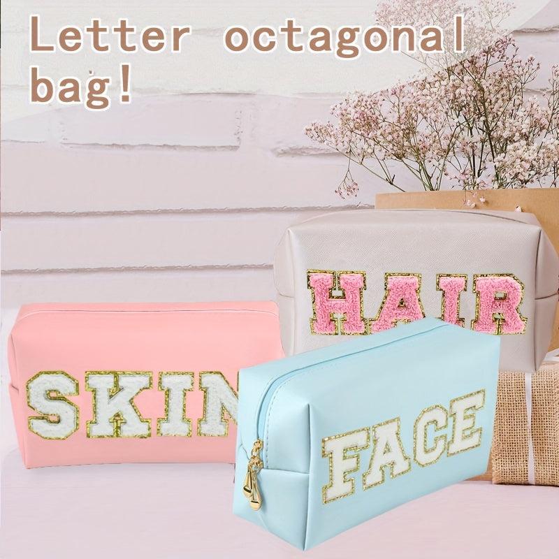 Preppy Makeup Bag Organizer with Embroidered Letter Patch