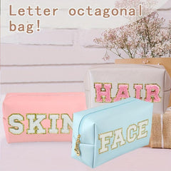 Preppy Makeup Bag Organizer with Embroidered Letter Patch