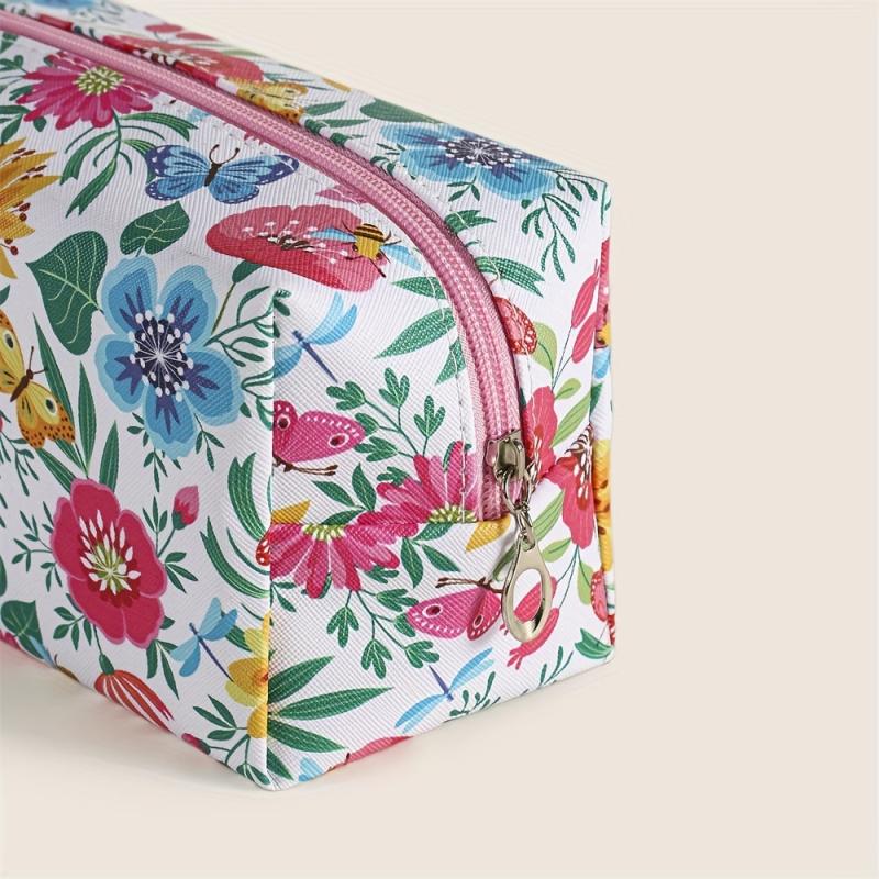 Flower Plant Print Makeup Bag PU Zipper Roomy Square Makeup Pouch