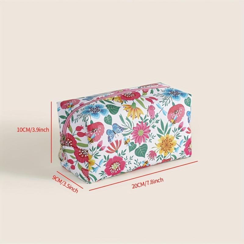 Flower Plant Print Makeup Bag PU Zipper Roomy Square Makeup Pouch