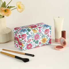 Flower Plant Print Makeup Bag PU Zipper Roomy Square Makeup Pouch