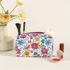 Flower Plant Print Makeup Bag PU Zipper Roomy Square Makeup Pouch