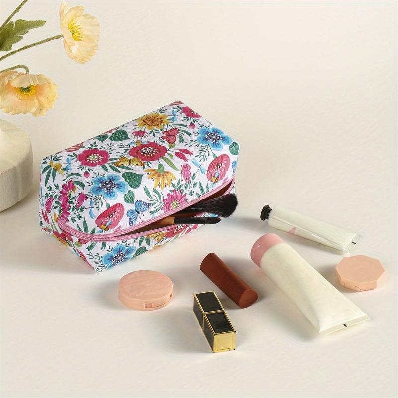 Flower Plant Print Makeup Bag PU Zipper Roomy Square Makeup Pouch